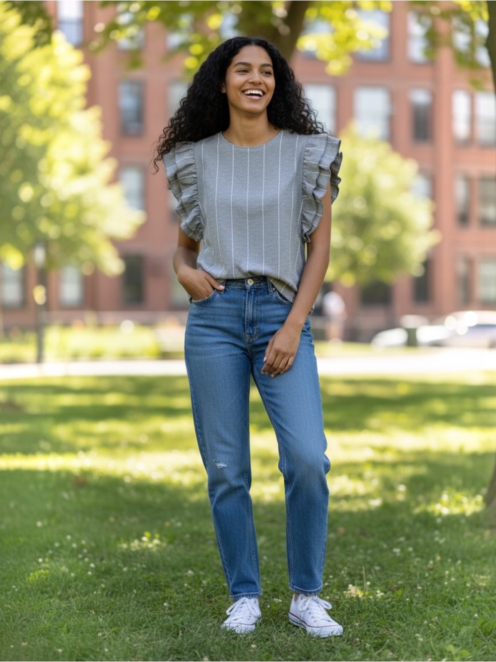 MAIA HEMERA Ruffle Sleeve Pinstripe Top Gray OS